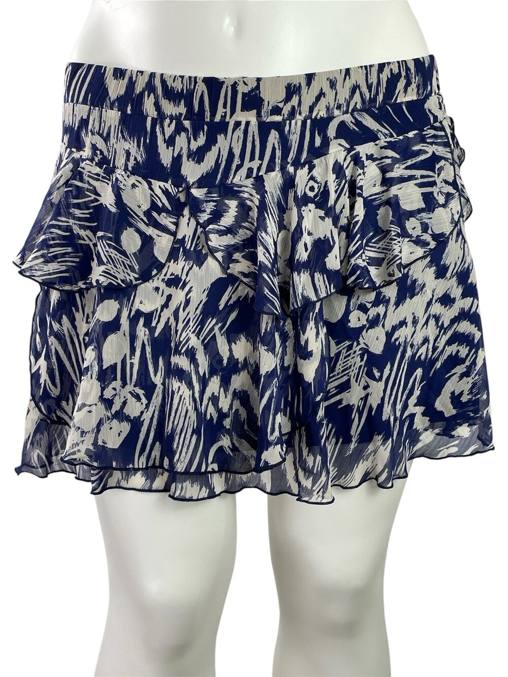 Zara Women's Blue Floral High Waisted Pull On Tiered ruffle Mini Skirt Size XL